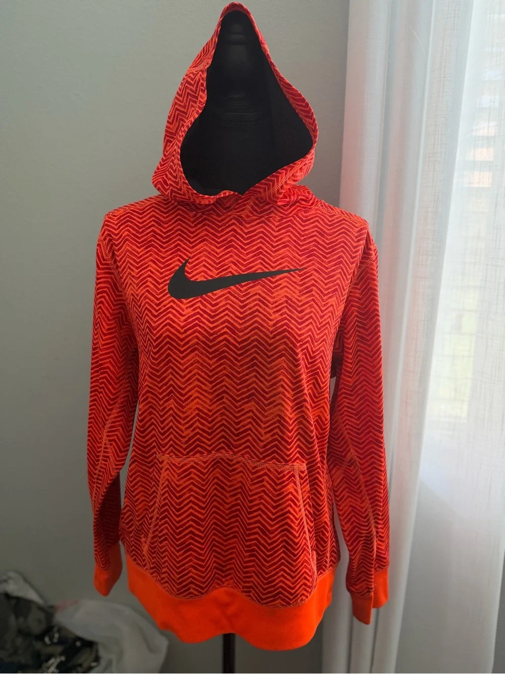 Nike Red-Orange Chevron Pullover Hoodie with Black Swoosh